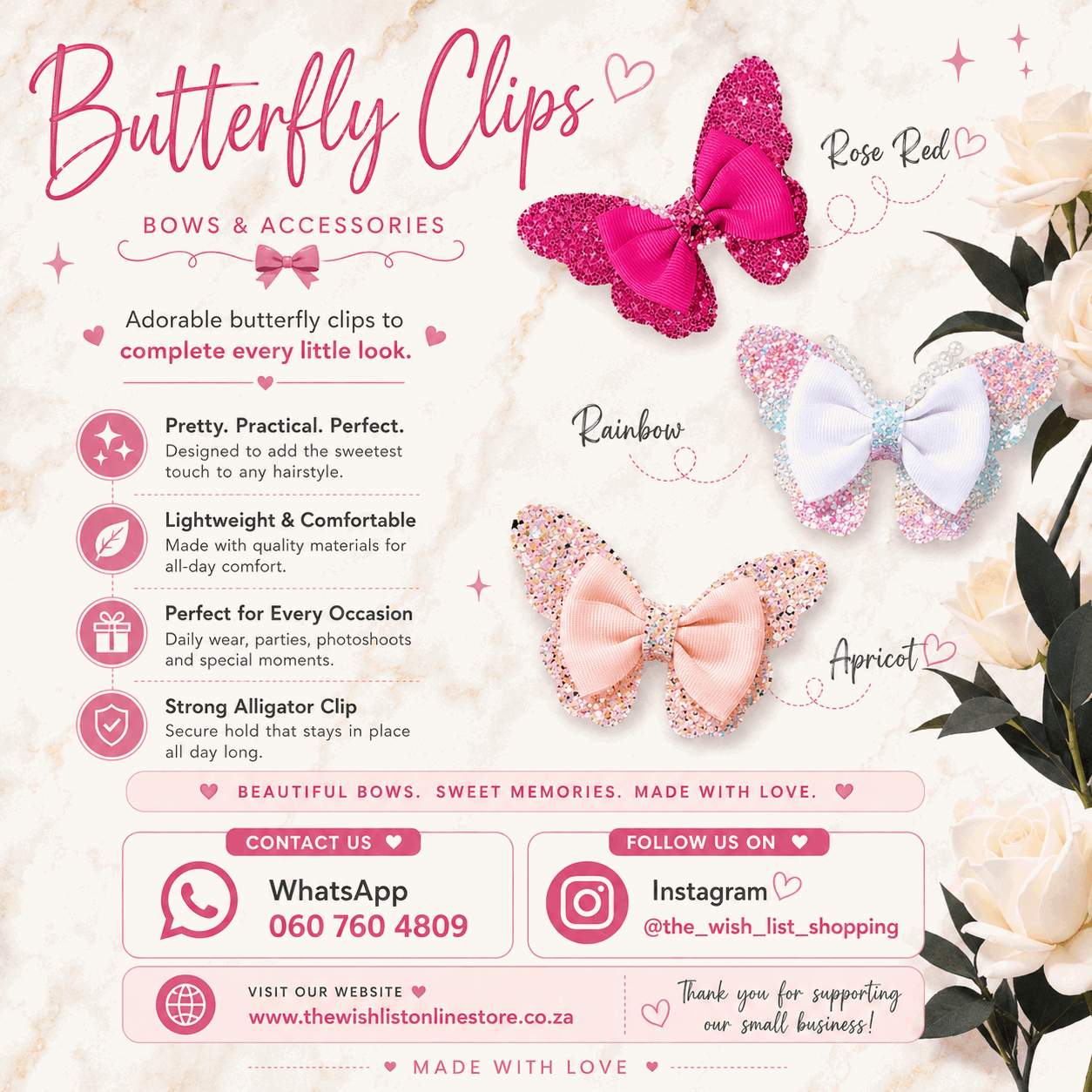 Girls Glitter Butterfly with pearls hair clip