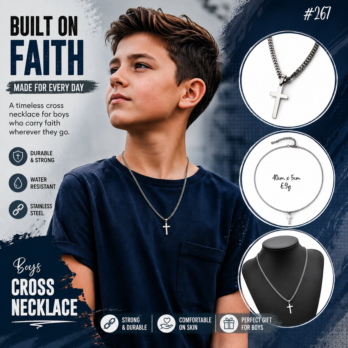 Boy's Cross Necklace Religious Stainless Steel