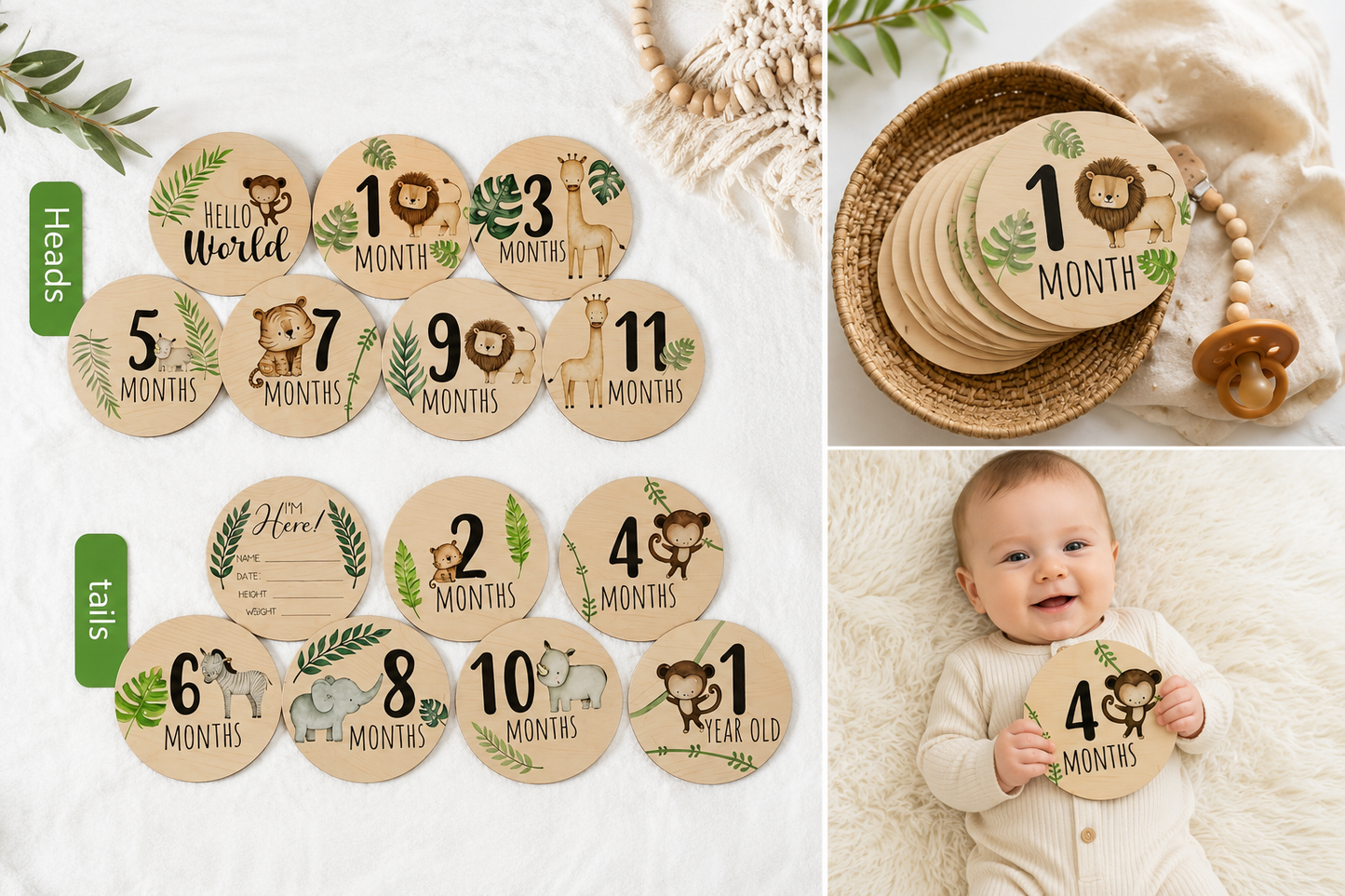 Wooden Baby Animal Print Milestone Cards