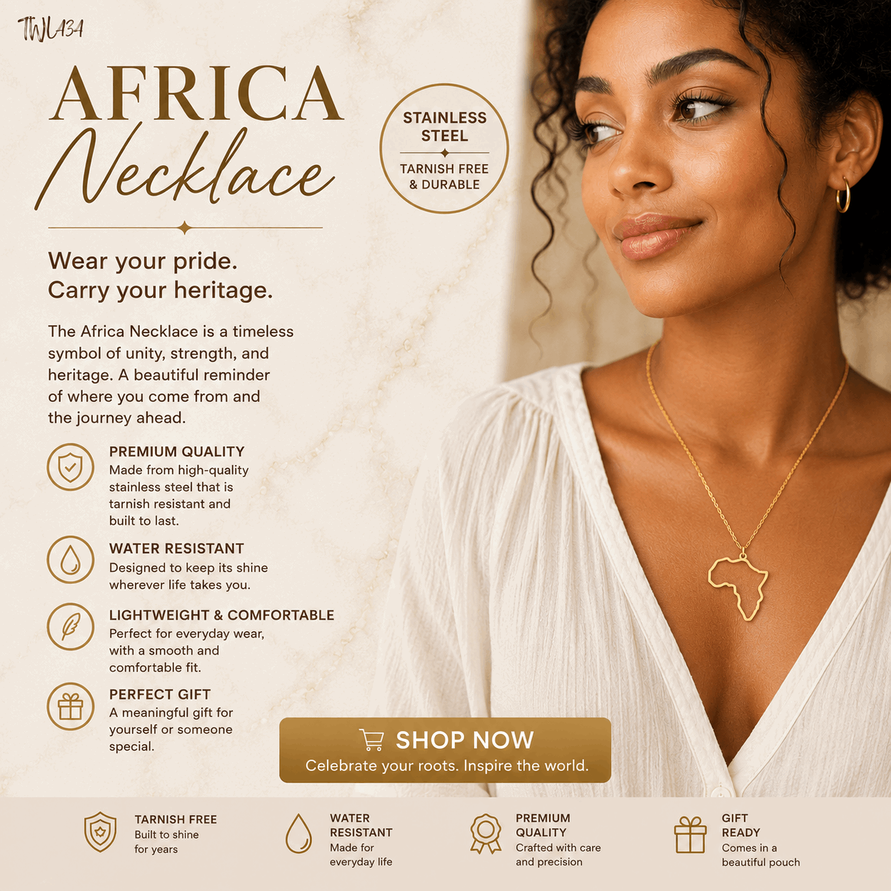 Africa Necklace – Stainless Steel Gold Finish