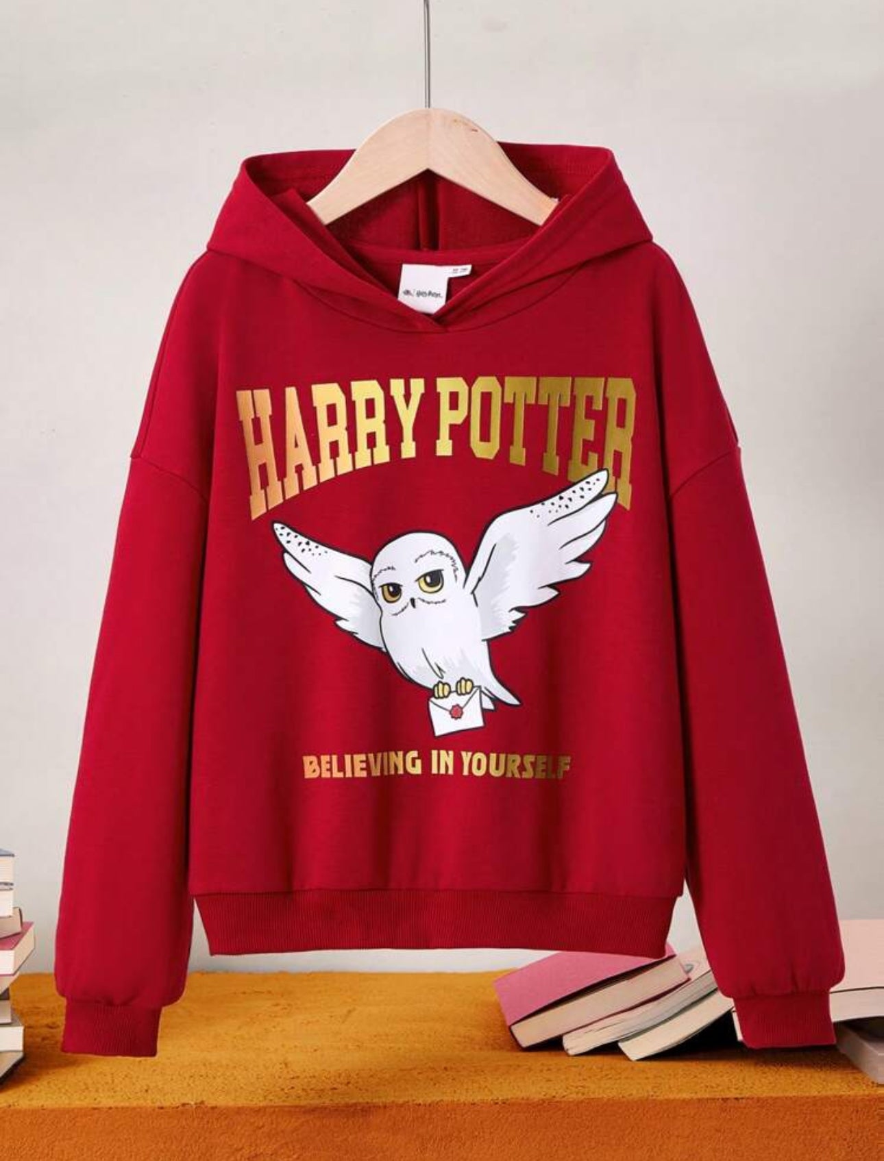 HARRY POTTER Tween Girl Cartoon Owl & Letter Print Red Casual Versatile Hoodie Sweatshirt