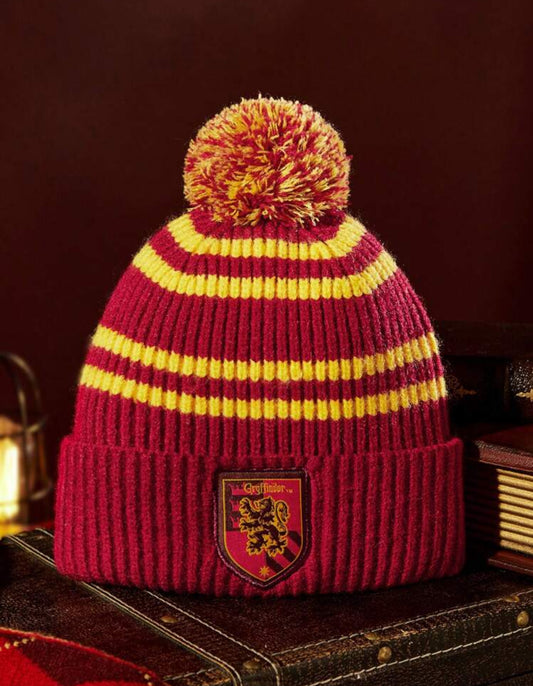 HARRY POTTER Winter Embroidered Badge Striped Fuzzy Pom Pom Beanie Hat