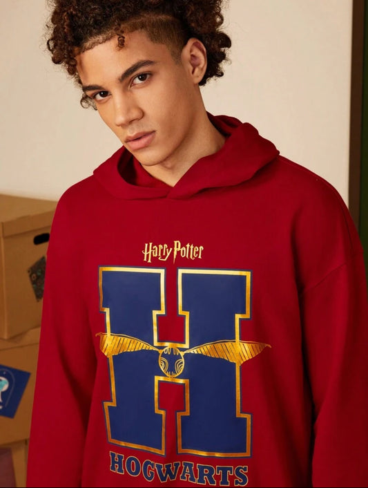 HARRY POTTER Men's Hogwarts Burgundy Print Casual Hooded Sweatshirt