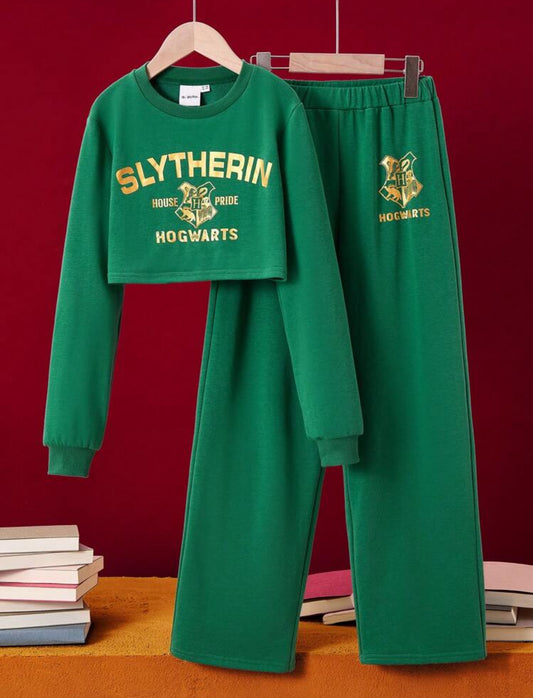 HARRY POTTER Tween Girls Y2K Sports College Style Casual Green Hogwarts Slytherine Houses Gold Foil Graphic Cropped Sweatshirt And Loose Pants 2pcs Set,For Fall And Winter