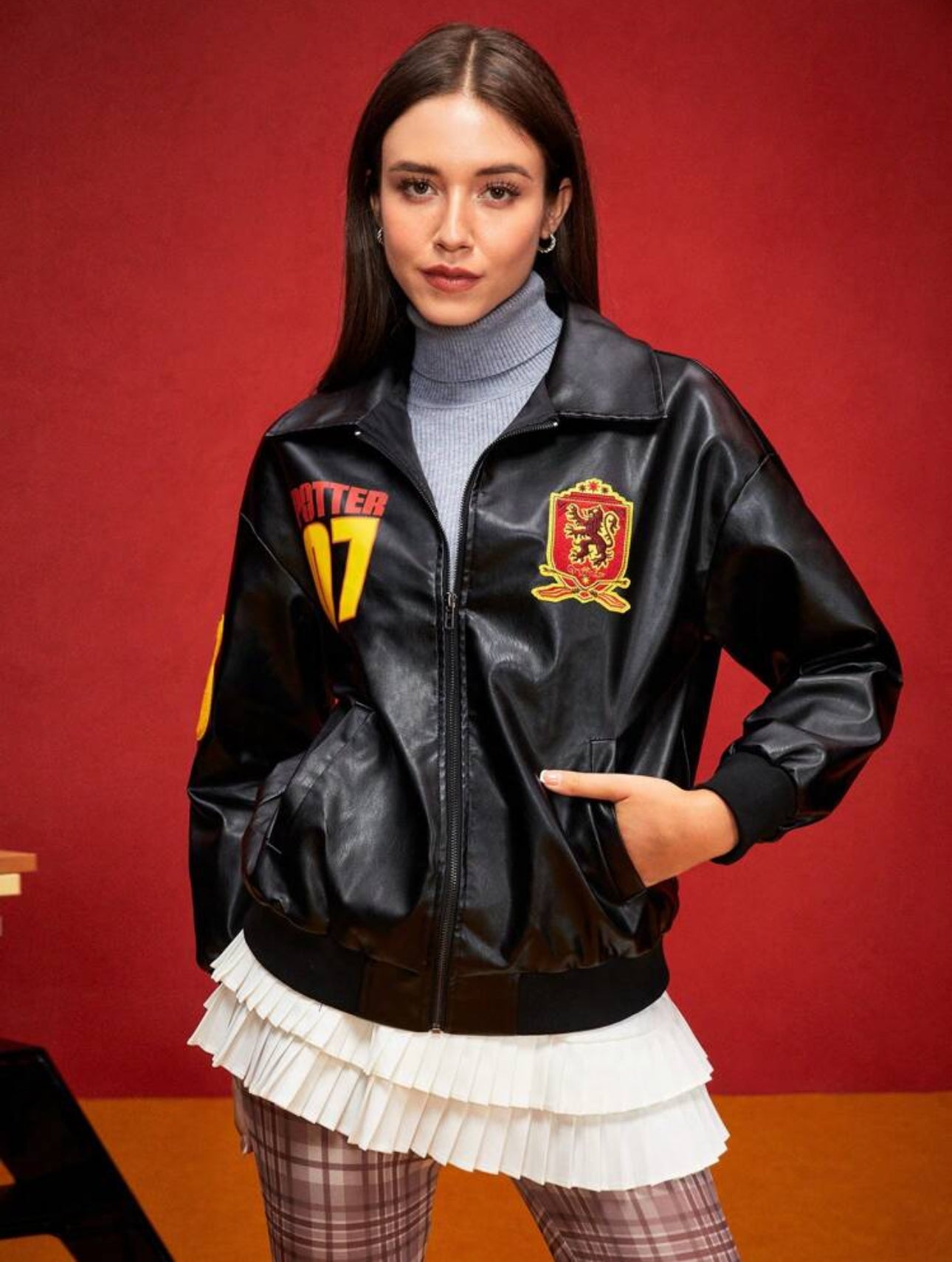 HARRY POTTER Women Casual Lion Badge & Numeric Print Drop Shoulder Loose Zip-Up Windbreaker Jacket