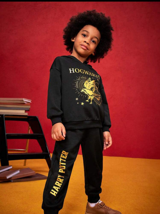 HARRY POTTER Young Boy 2pcs Eagle Letter Metallic Look Print Black Casual Hoodie And Joggers Pants Sports Set, Hogwarts