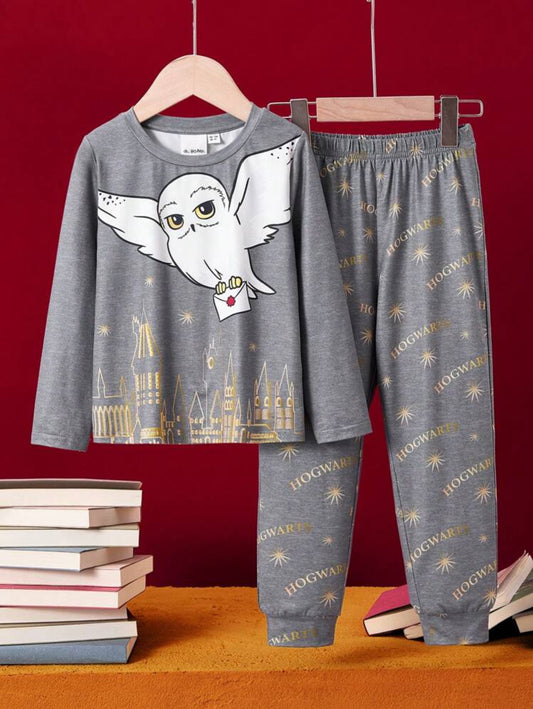 HARRY POTTER 2pcs/Set Cartoon Castle Owl Letter Print Grey Casual Long Sleeve T-Shirt And Pants Home Pajamas Outfit