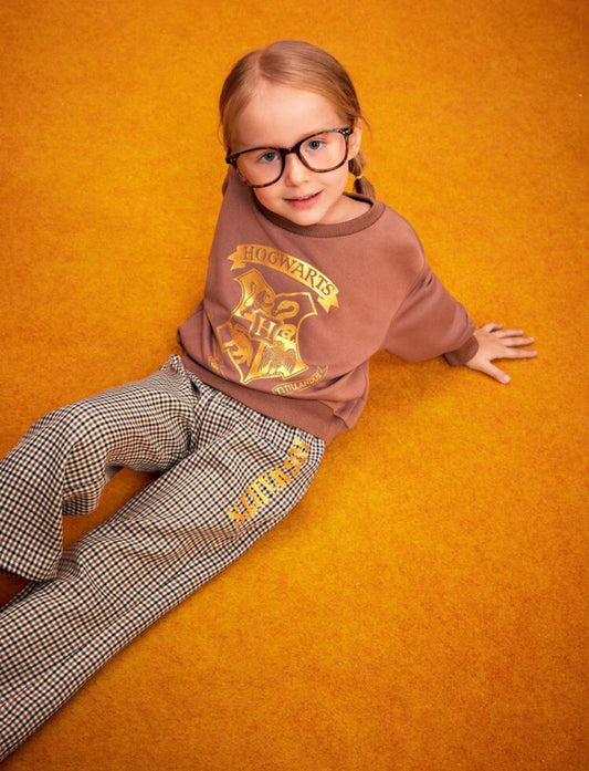 HARRY POTTER Young Girl Set, Includes Foil Hot Stamping Badge Logo Round Neck Knit Sweatshirt And Plaid Baggy Bell Bottoms, 2 Pieces Outfit, Preppy Style