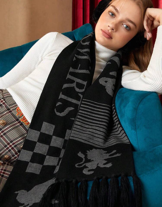HARRY POTTER Hogwarts Pattern Black Long Scarf, Comfortable And Soft For Everyday Use