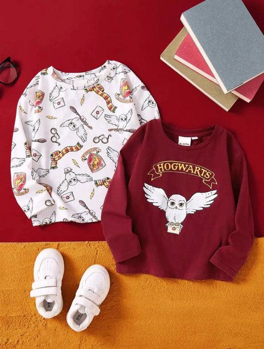 HARRY POTTER X Young Girl 2pcs/Set Cartoon Cat Owl Lion Badge Print Cute White Long Sleeve T-Shirt And Burgundy Casual Versatile Long Sleeve T-Shirt,