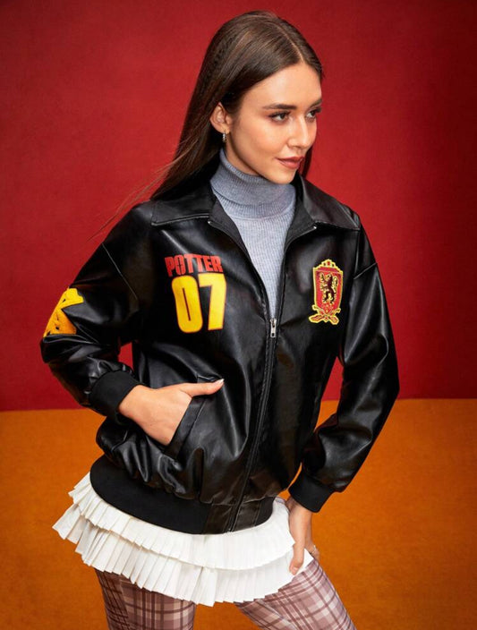 HARRY POTTER Women Casual Lion Badge & Numeric Print Drop Shoulder Loose Zip-Up Windbreaker Jacket