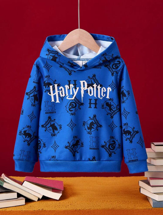 HARRY POTTER Young Boy Streetwear School Emblem Animal Graphic Print Hogwarts 4 Houses Fitted Hoodie, Casual Sports College Style,Winter And Autumn