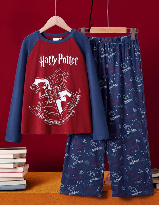 HARRY POTTER 2pcs/Set Tween Boy Casual Emblem & Letter Print Contrast Color Raglan Sleeve T-Shirt And Deep Blue All-Over Print Comfy Pants Loungewear Pajamas Set