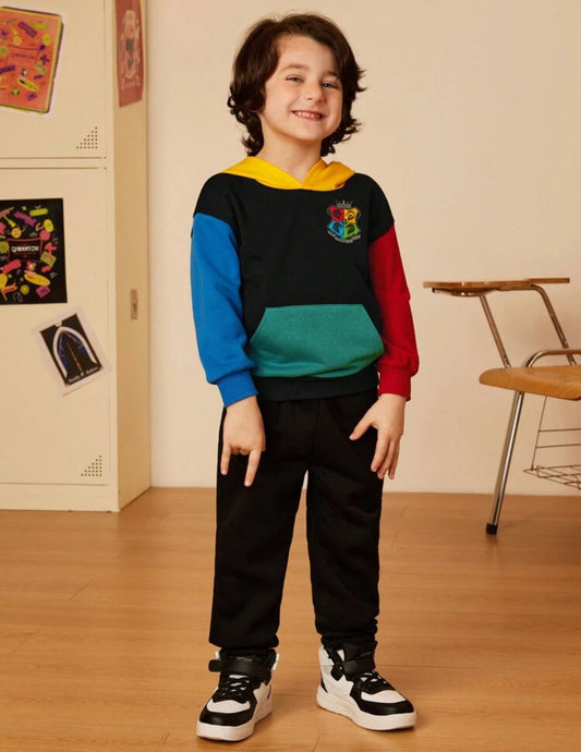 HARRY POTTER Young Boy Hogwarts Badge Print Casual Color Block Hooded Black Sweatshirt