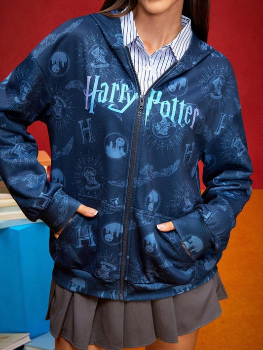 HARRY POTTER Women Preppy Style Hogwarts Badge & Letter Print Graphic Drop Shoulder Oversized Zip Up Hoodie