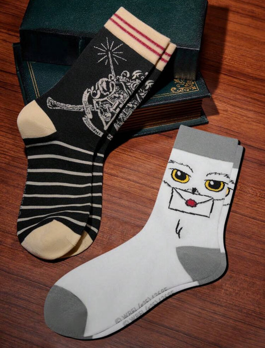 HARRY POTTER 2 Pairs Breathable Soft Mid-Calf Socks, Hogwarts Hedwig Owl Design