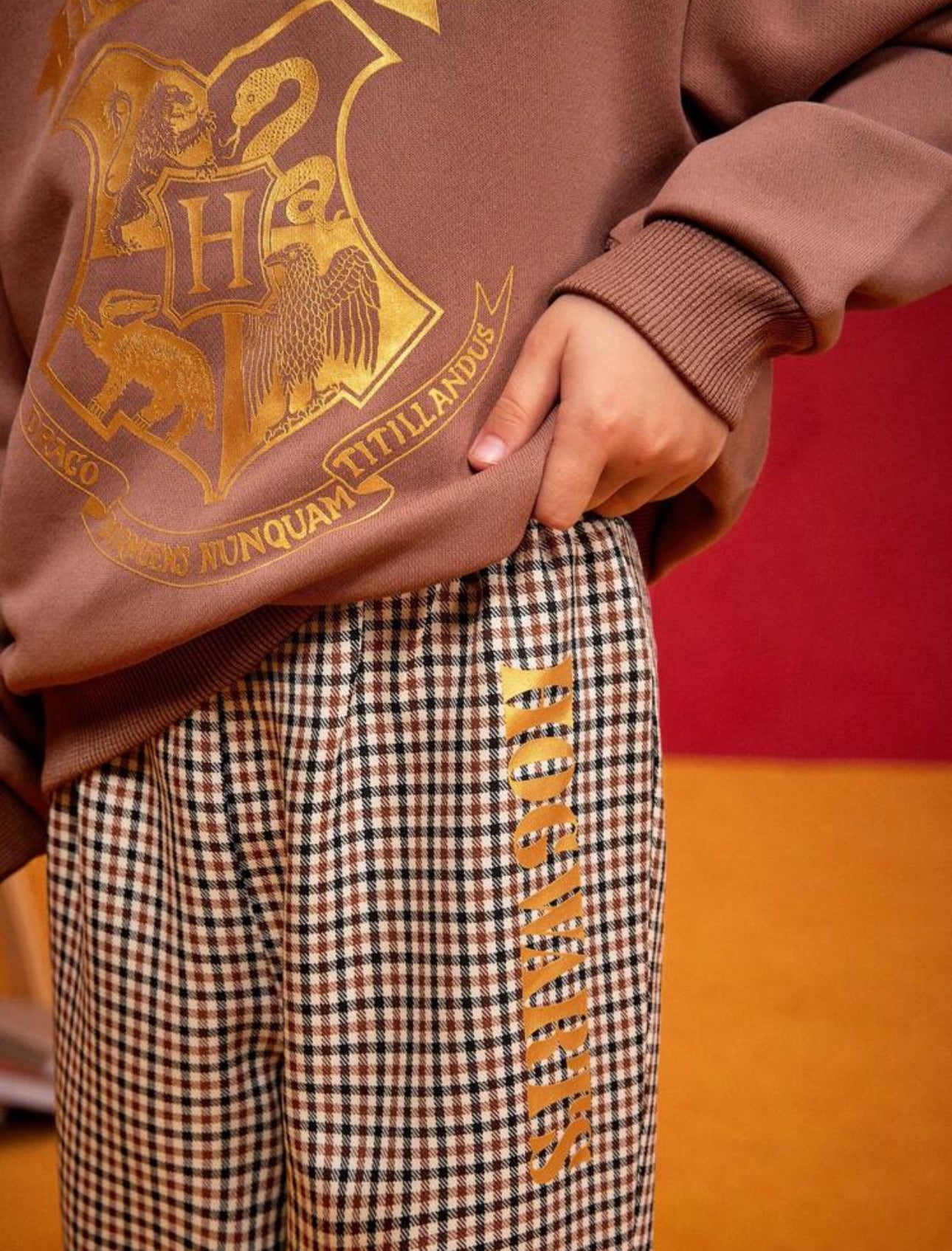 HARRY POTTER Young Girl Set, Includes Foil Hot Stamping Badge Logo Round Neck Knit Sweatshirt And Plaid Baggy Bell Bottoms, 2 Pieces Outfit, Preppy Style