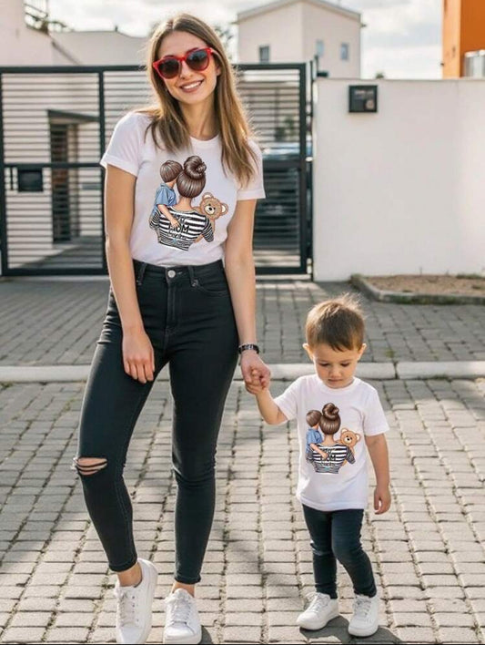 Mother's Day Women Casual Creative Cartoon Warm Mother-Child Silhouette Print Basic Short Sleeve T-Shirt