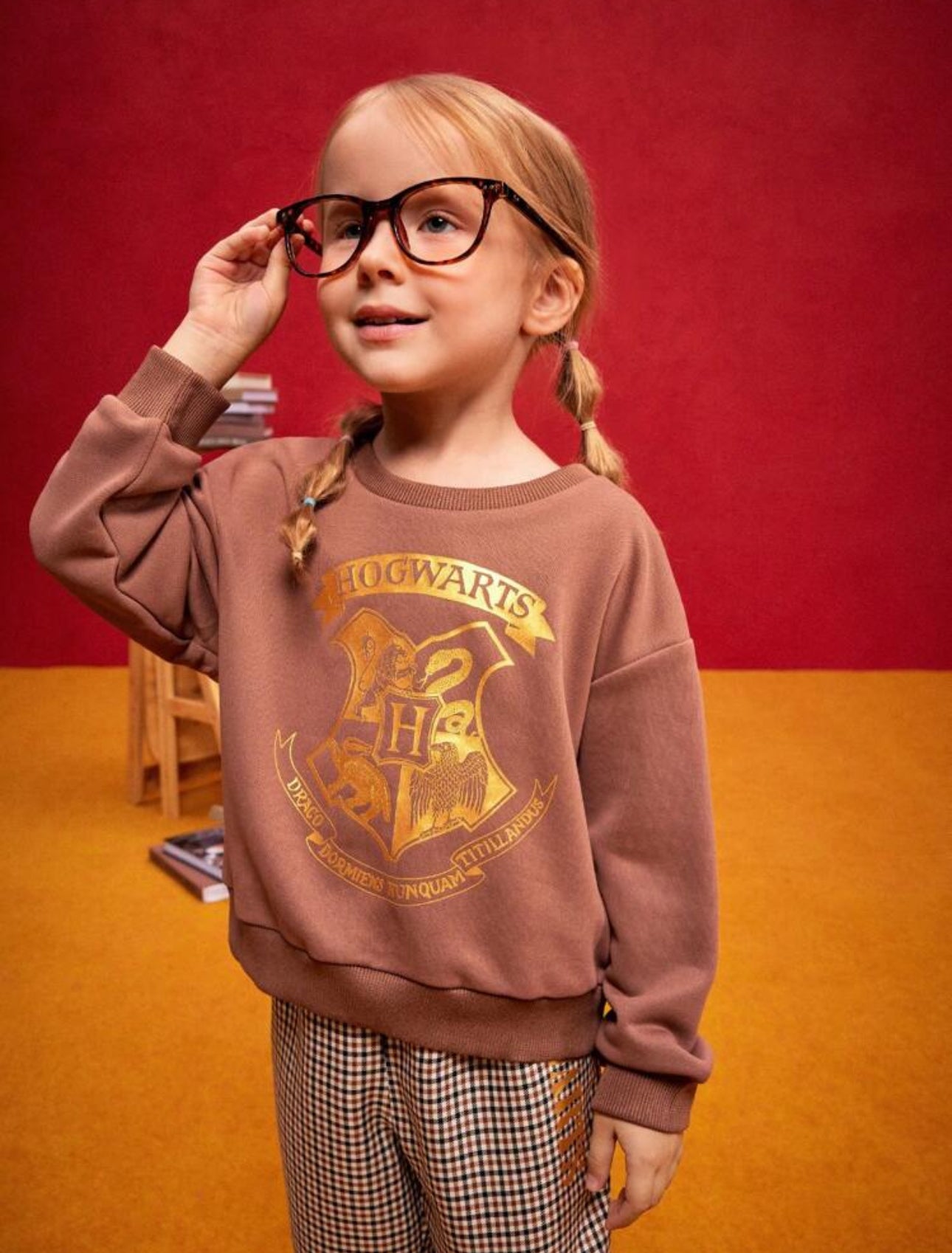 HARRY POTTER Young Girl Set, Includes Foil Hot Stamping Badge Logo Round Neck Knit Sweatshirt And Plaid Baggy Bell Bottoms, 2 Pieces Outfit, Preppy Style