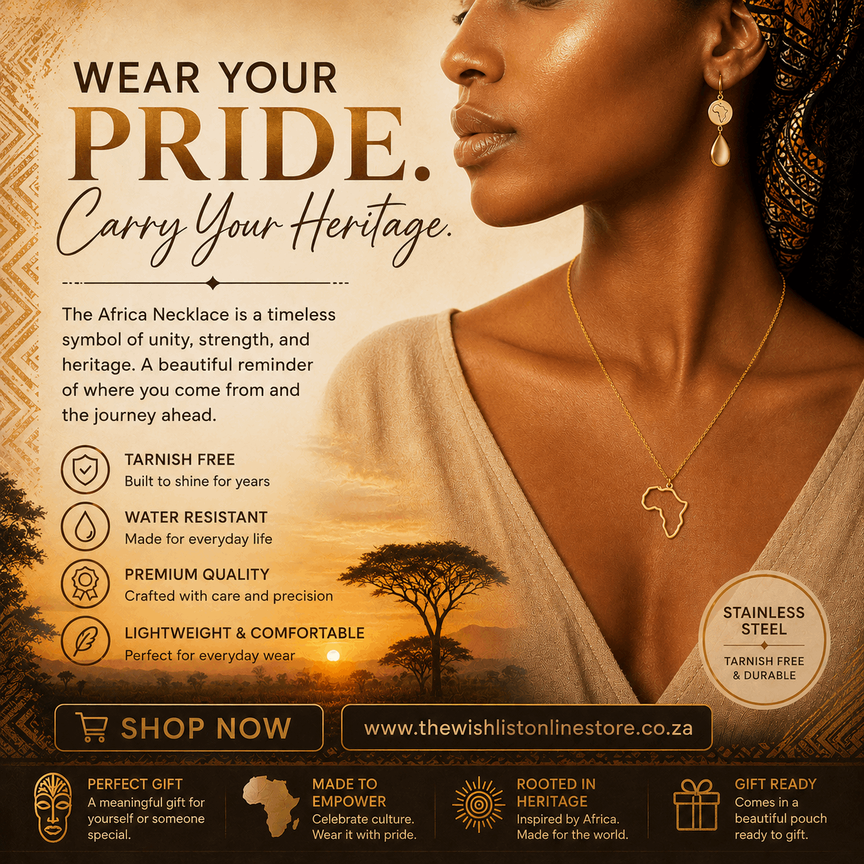 Africa Necklace – Stainless Steel Gold Finish