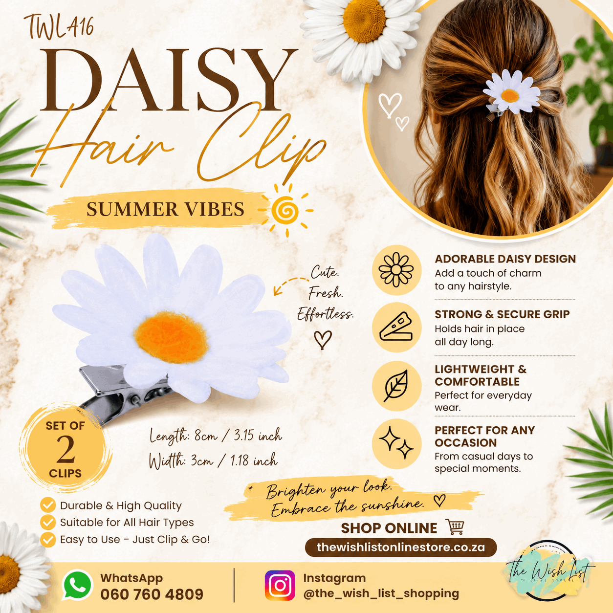 2Pce Daisy Hair Clips For Girls