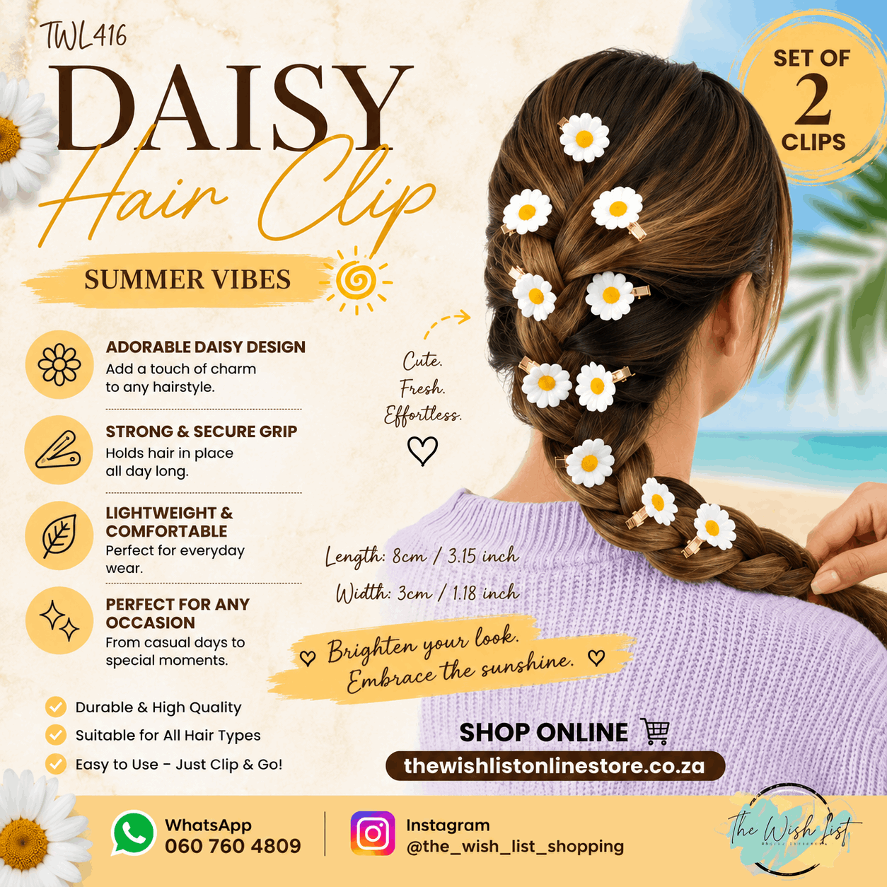 2Pce Daisy Hair Clips For Girls