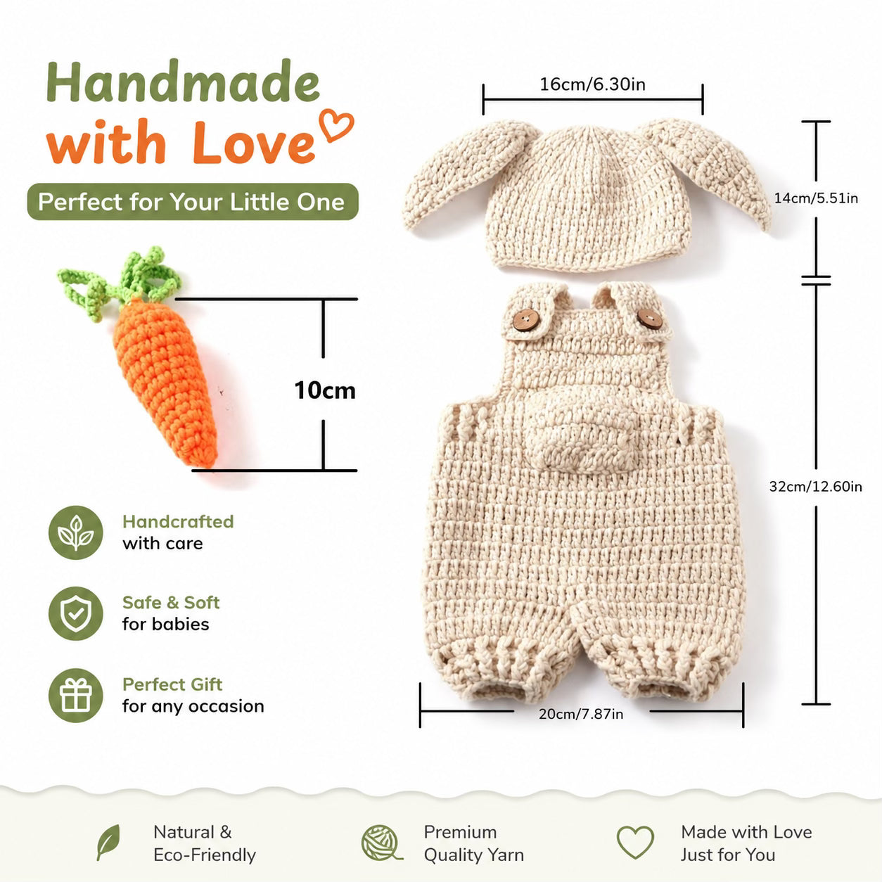 3pcs Newborn Crochet Cap + Overall Pants + Carrot Doll Set