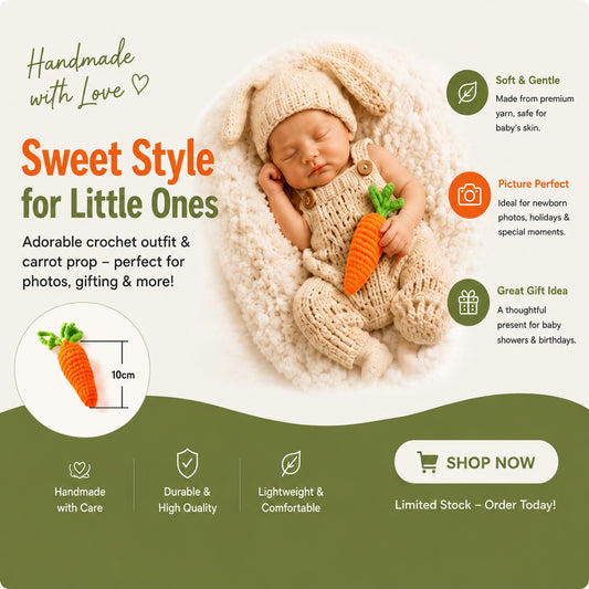 3pcs Newborn Crochet Cap + Overall Pants + Carrot Doll Set